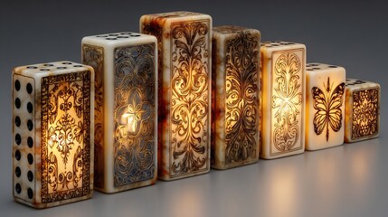 Set of dominoes starting with a small plain one leading to progressively larger and more ornate glowing dominoes creating a massive beautiful chain reaction