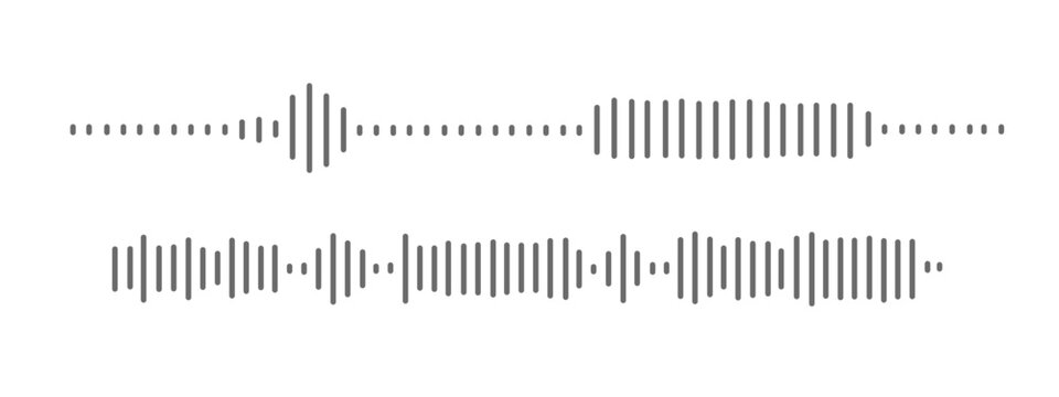 A set of vector audio sound wave icons, illustrating wave forms, voice signals, or digital equalizer patterns in a simple black and white line style.	
