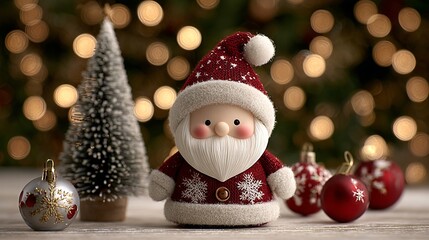 Obraz premium Adorable Santa Claus figurine beside decorated Christmas tree with shiny baubles pine branches and warm holiday lights festive cozy winter decoration close up for greeting card and holiday design