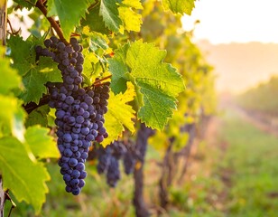 Fototapeta premium Close-up of ripe grapes and leaves in a vineyard at sunrise