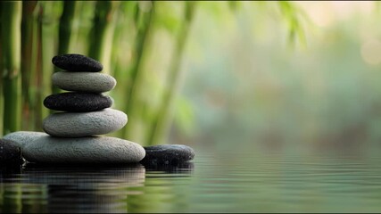 Balanced zen stones reflecting in calm water creating ripples with a green bamboo forest background