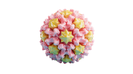 Spherical virus structure with pink and yellow spiky formations