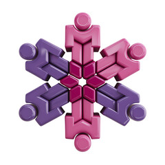 Abstract snowflake shape formed by interconnected figures in pink and purple isolated on transparent background