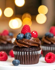 Gourmet chocolate cupcakes, topped with fresh berries and gold sprinkles