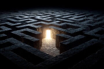 Single brilliant spark of light in a dark complex labyrinth instantly illuminating the one correct path to the exit representing an innovative breakthrough solution