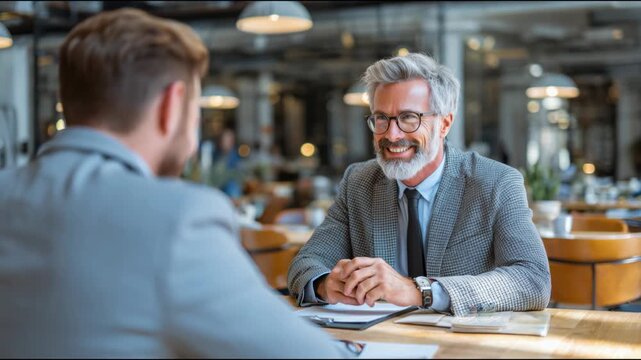 Two businessmen having an informal business meeting and discussion in a modern restaurant