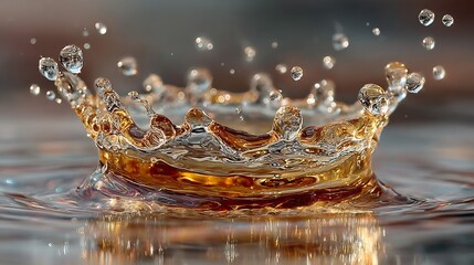 Single perfect drop of water landing on a still surface with the splash creating an intricate crown of liquid gold Metaphor for excellence and the Midas touch