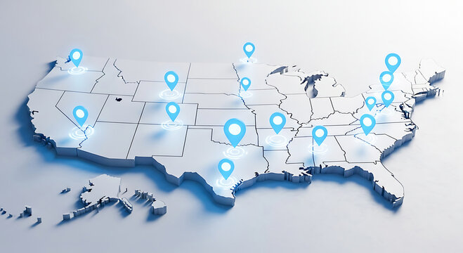 United States map with glowing blue location pins image