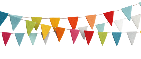Colorful triangular pennant banner on twine against a black background