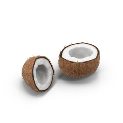 Open half coconut with brown hairy outer shell and white center