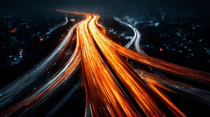 Single road splitting into a complex multi lane highway system with streaks of light representing traffic flowing efficiently symbolizing scaling operations Aerial view
