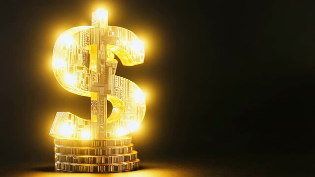 Golden dollar sign with digital circuit texture