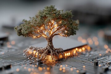 Tiny glowing digital sapling planted in a circuit board rapidly growing into a massive complex fractal tree whose branches are data streams Concept of scalable growth