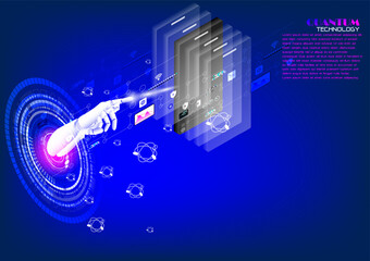 Futuristic AI and quantum technology concept showing robotic hand interacting with virtual data interface. Symbol of artificial intelligence, digital innovation, and advanced computing.