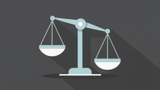 Stylized illustration of an unbalanced light blue and white balance scale with a long shadow on a dark grey background, symbolizing justice or equilibrium.