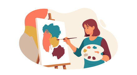 A woman artist paints on a canvas using a paintbrush and a palette, creating colorful abstract art in her creative studio.