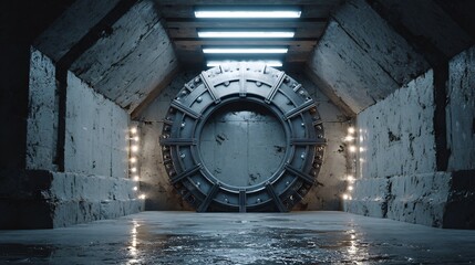 Vault door made of futuristic interlocking plates with seams of light showing it is perfectly sealed A symbol of impenetrable data storage