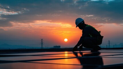 Technology solar cell, Engineer service check installation solar cell on the roof of factory on the morning. Silhouette technician inspection and repair solar cell on the roof of factory.