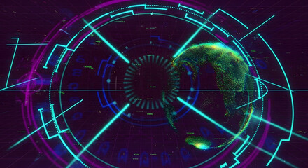 Futuristic earth hologram with digital interface, symbolizing global technology and connectivity