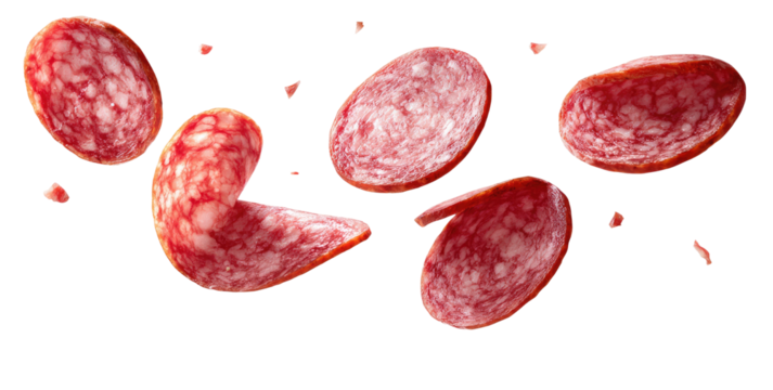 Salami slices, speckled pink & white meat floating