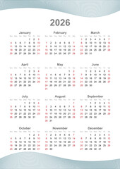 Calendar vector template for 2026 year. Week Starts on Sunday. Transparent PNG version.