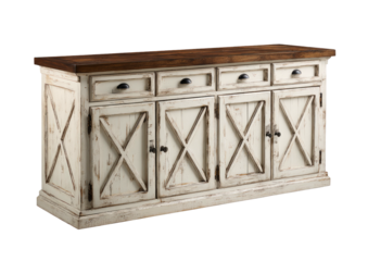 Distressed cream server w/dark wood top, doors & drawers