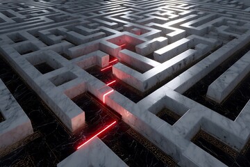 Intricate top down view of a maze made of polished marble with a single glowing red line showing the most efficient strategic path from start to finish
