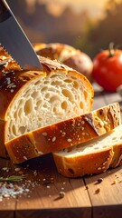 Fresh loaf being sliced on a wooden cutting board, tomato visible