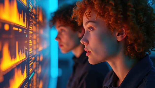 Two girls looks at monitor with hud interface. Women analyze financial chart data information. Girls work with bigdata software for business analytics and stock trading.