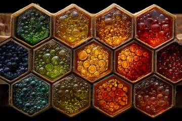 Cross section of a beehive with hexagonal cells filled not with honey but with glowing liquid data in various colors representing a productive organized system