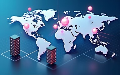 Isometric rendering showcasing cloud computing and data servers interconnected globally. High quality