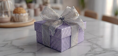 Elegant lavender box with silver mesh ribbon on a marble counter