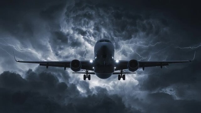 Navigating the Tempest: A commercial airplane fearlessly journeys through a turbulent storm, its lights cutting through the darkness amidst powerful, dramatic clouds.