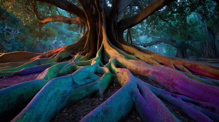 Powerful root system of a massive banyan tree with individual roots glowing in different colors but all supporting the same strong trunk symbolizing interdependent teams