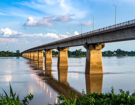 Concrete bridge spans a wide river under a cloudy blue sky