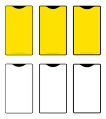 シンプルなスマホ・スマートフォンのフレーム・モックアップ・テンプレート素材　３種類の、枠・フレームの太さ　上段がスクリーン部分がイエローな背景色・下段がノッチとフレームのみ（スクリーン部分が空白・透過）　正面　セット　ベクター／透過PNG／JPEG白背景
