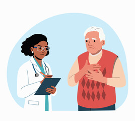 Doctor talks to a male elderly patient and thinking about diagnosis. Vector flat style cartoon illustration