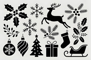 Christmas icons black and white holiday silhouettes with festive decorations and winter motifs. Coloring Book