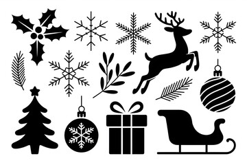 Christmas icons black and white holiday silhouettes with festive decorations and winter motifs. Coloring Book