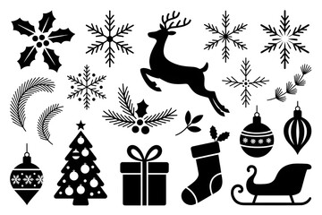 Christmas icons black and white holiday silhouettes with festive decorations and winter motifs. Coloring Book