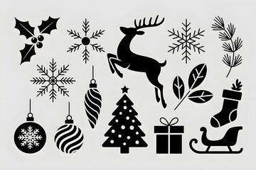Christmas icons black and white holiday silhouettes with festive decorations and winter motifs. Coloring Book