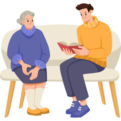 Elderly Woman and Young Man Sitting Together on a Sofa as the Man Reads a Book to Her Demonstrating Intergenerational Connection and Care Indoors