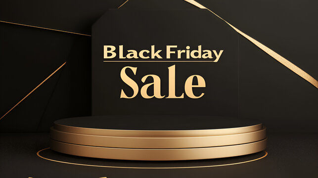 Luxurious black friday sale promotion with golden podium and geometric lines on a dark backdrop