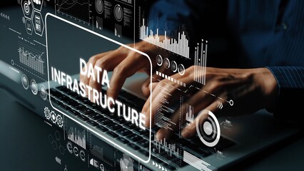 Hands Typing on Laptop with Data Infrastructure Graphics Overlaid for Tech and Digital Concepts. Asymptotic smart data analytic.