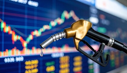 Oil price fluctuations Fuel pump with a backdrop of stock market charts.