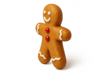 Gingerbread man cookie for christmas holidays, decorated with icing and candy, isolated with transparent background