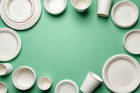 Various white disposable plates, bowls, cups, and eco-friendly tableware on a green background