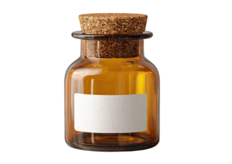 Amber glass jar sealed with a cork, blank label