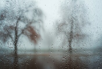 Rain-streaked window view of misty, blurred bare trees on a grey, atmospheric day