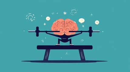 brain on workout bench lifting dumbbells, humorous and inspiring flat vector illustration, concept of concentration and brain fitness